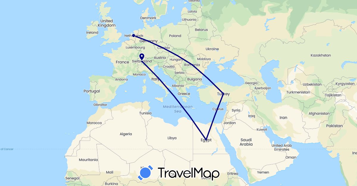 TravelMap itinerary: driving in Switzerland, Egypt, Netherlands, Romania, Turkey (Africa, Asia, Europe)