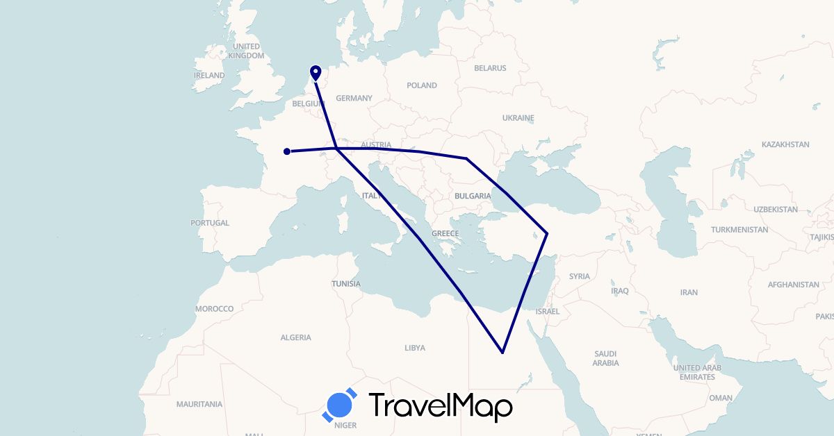 TravelMap itinerary: driving in Switzerland, Egypt, France, Netherlands, Romania, Turkey (Africa, Asia, Europe)