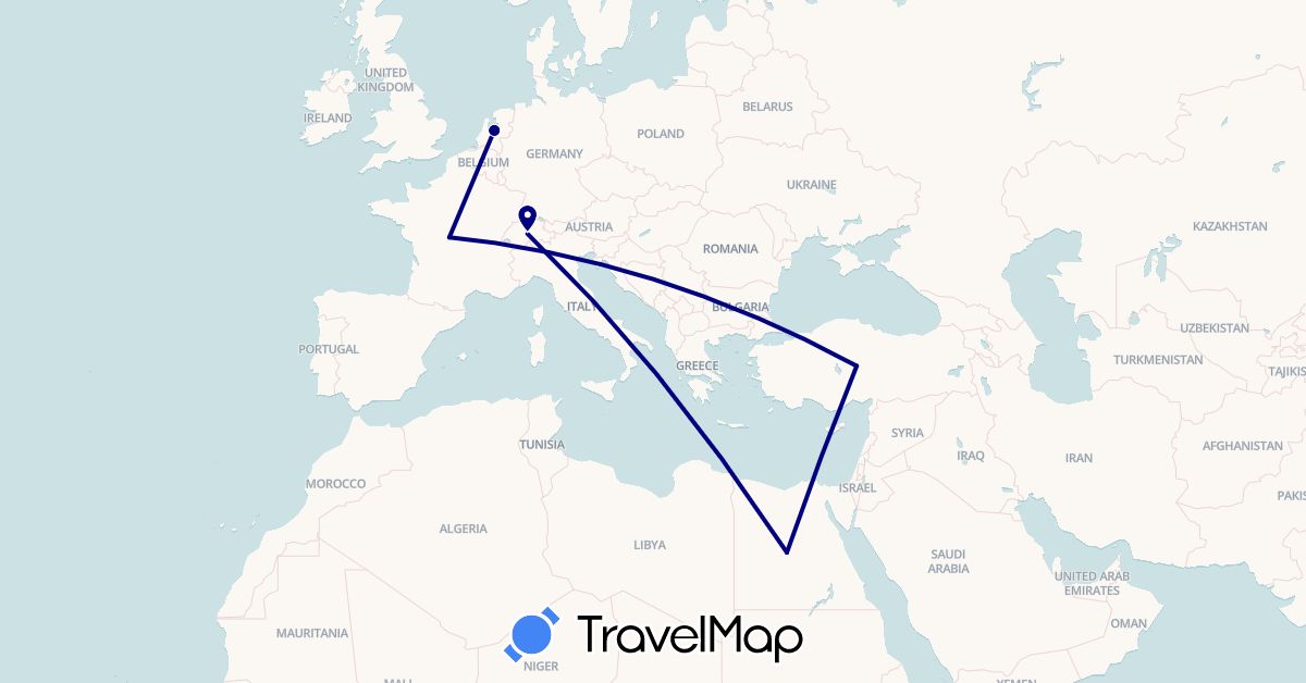 TravelMap itinerary: driving in Switzerland, Egypt, France, Netherlands, Turkey (Africa, Asia, Europe)
